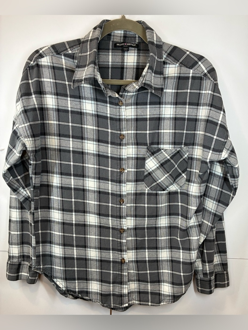 Brandy Melville Gray Plaid Flannel Button Front Shirt One Size